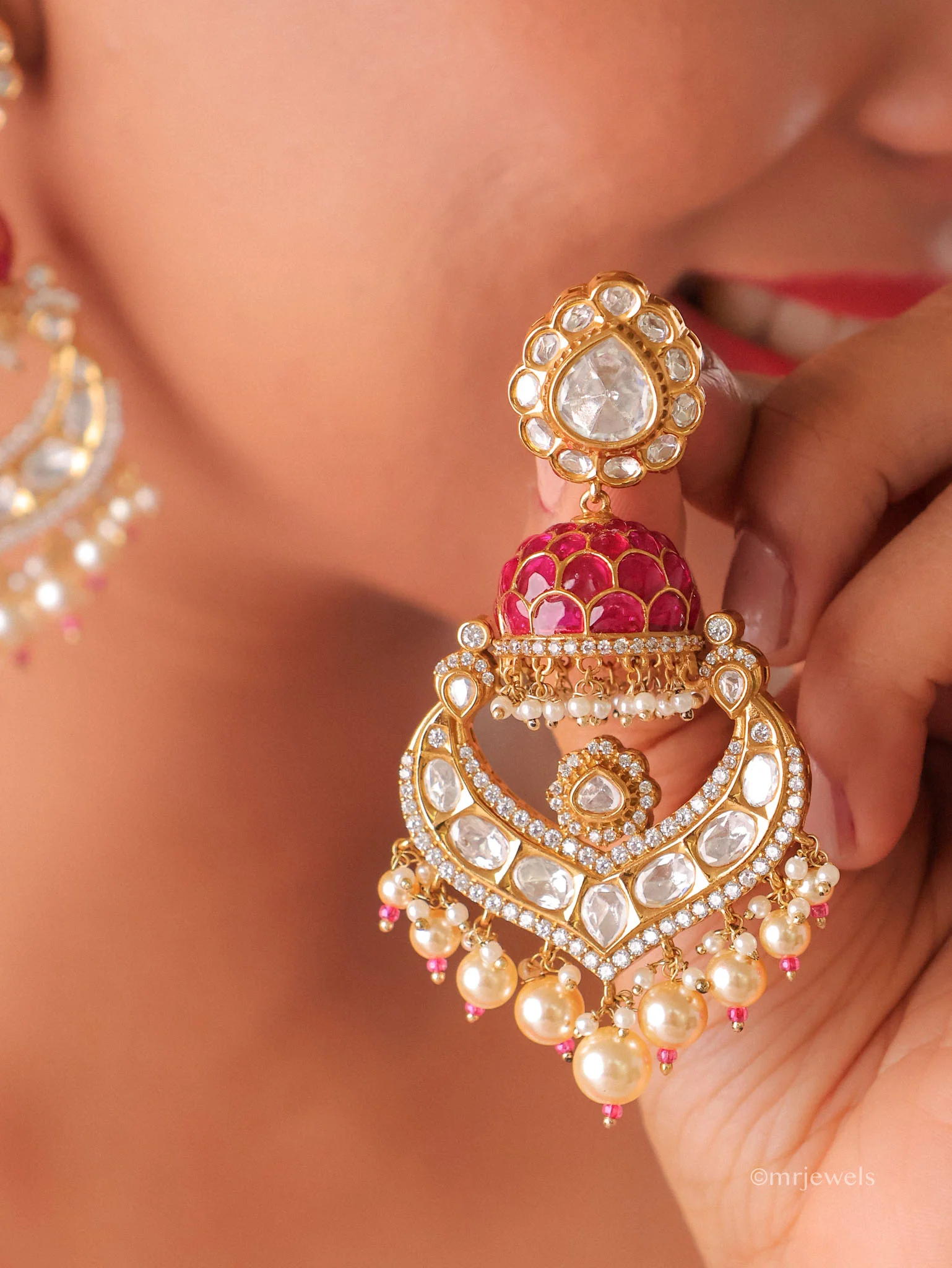 Polki Pearl Statement Chandbali Earrings - Image 6