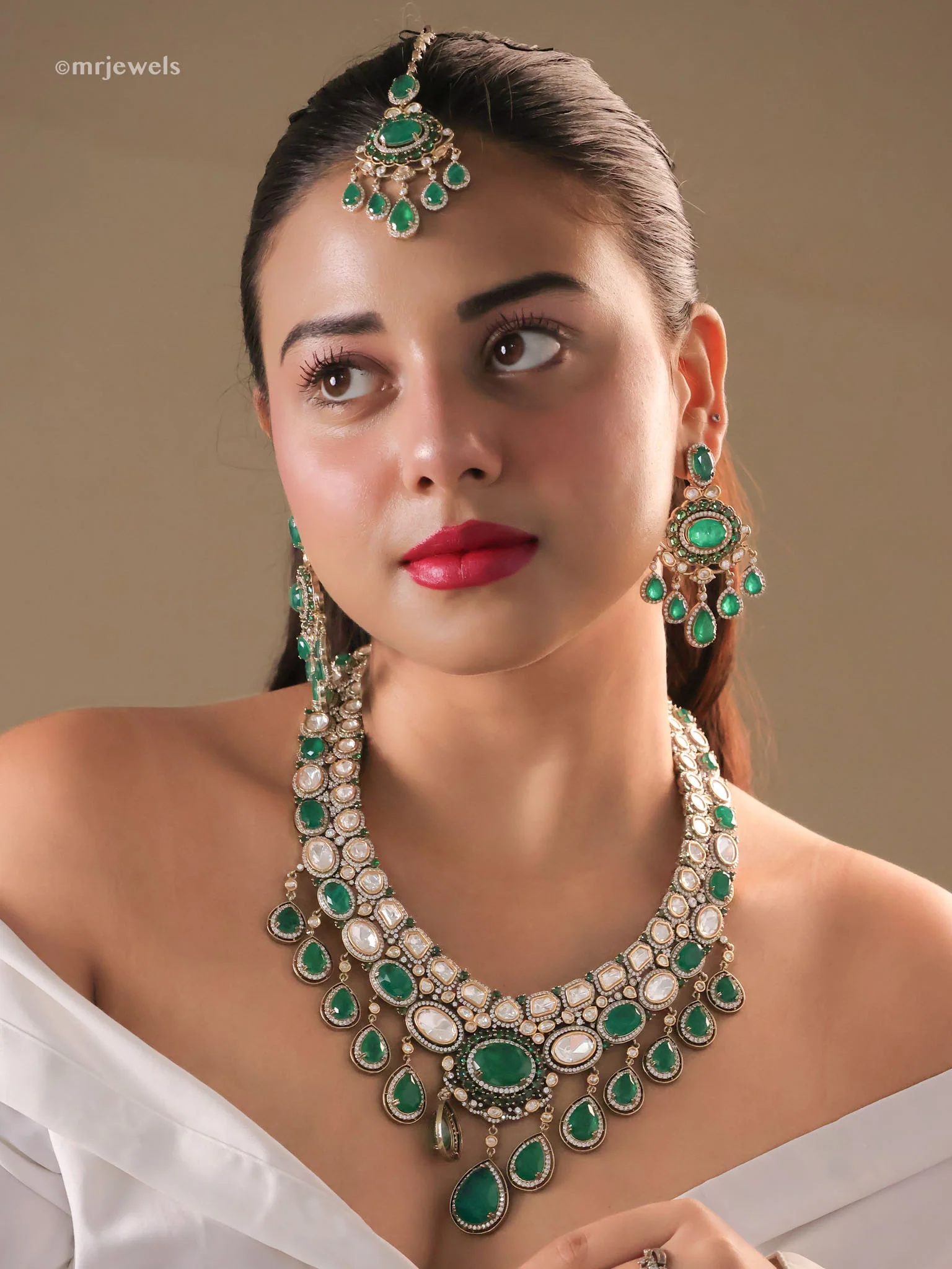 Rajwada Emerald Maharani Polki Set (Necklace • Earrings • Maang Tikka)