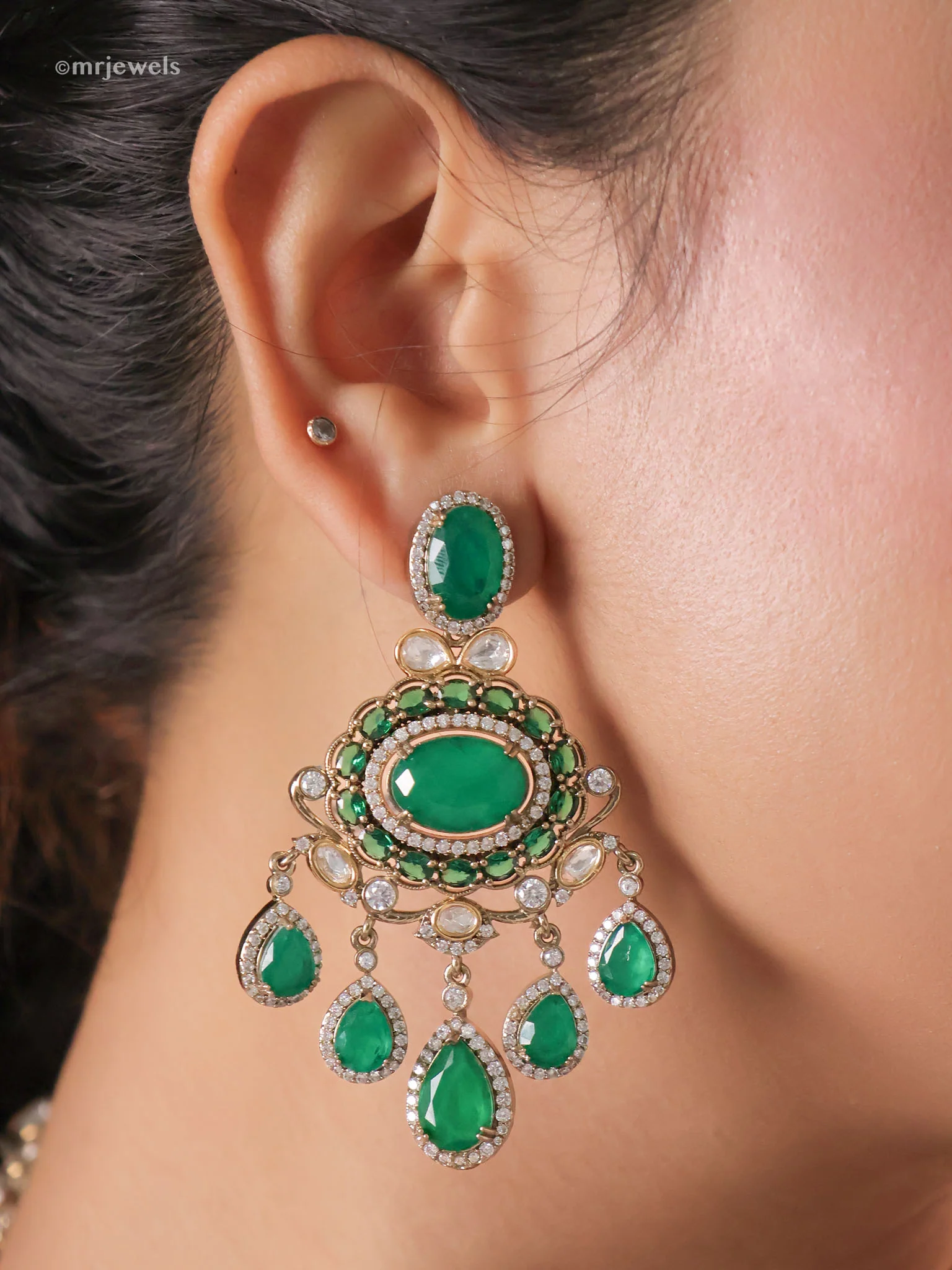 Rajwada Emerald Maharani Polki Set (Necklace • Earrings • Maang Tikka) - Image 3