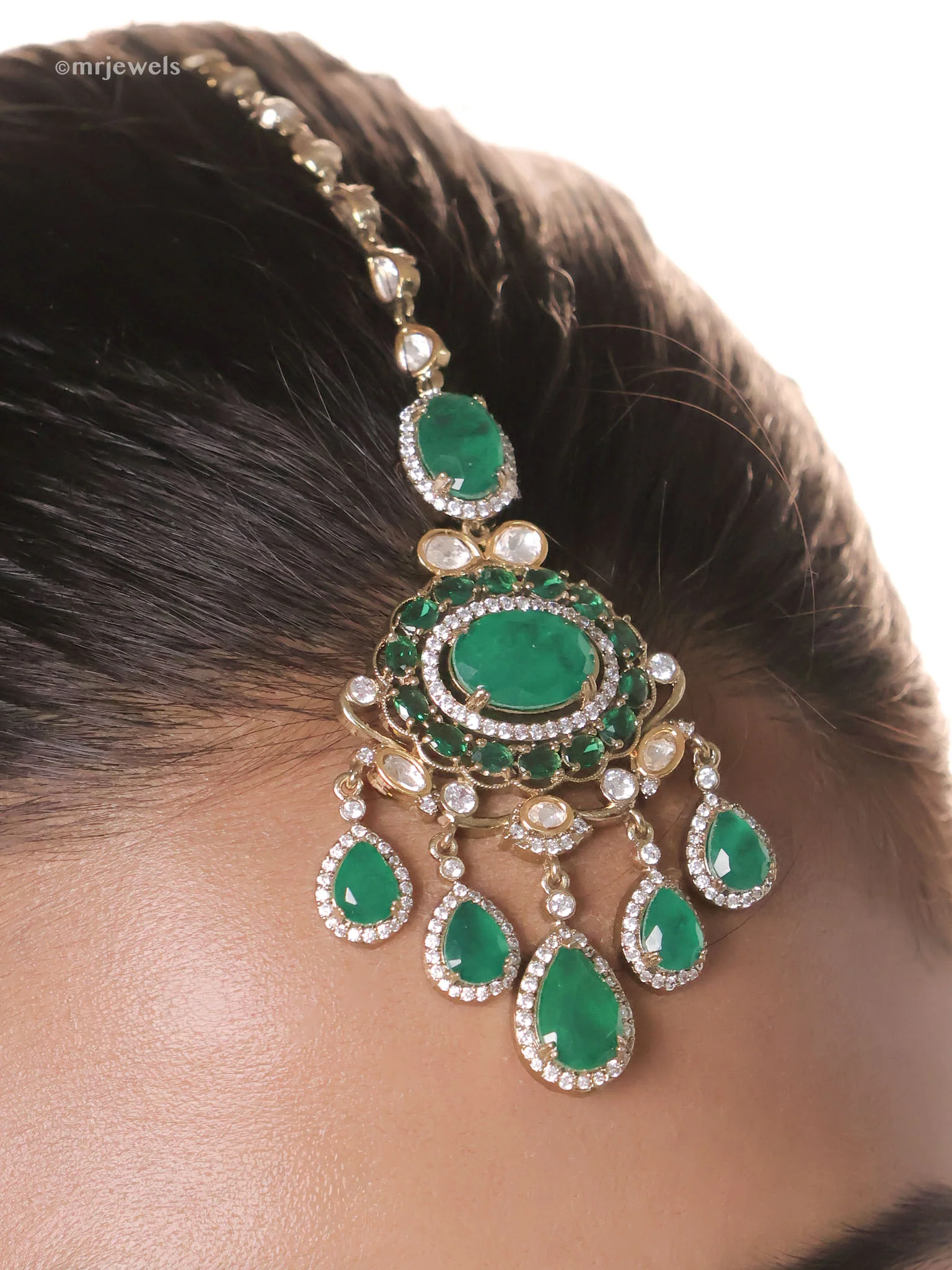 Rajwada Emerald Maharani Polki Set (Necklace • Earrings • Maang Tikka) - Image 4