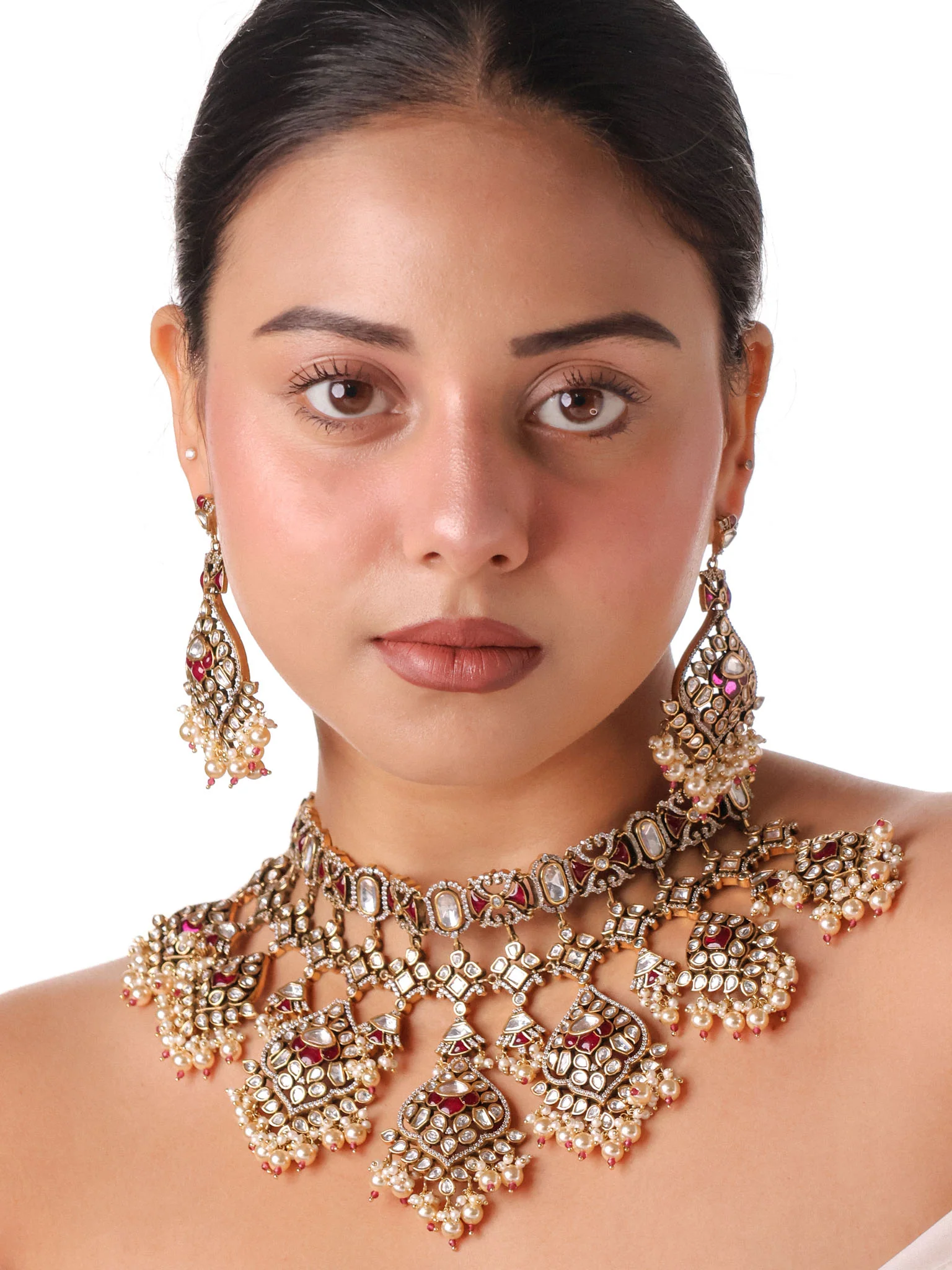 Rajwada  Kundan  Bridal Set – Grand Choker with Pearls ; Chand Bali Earrings