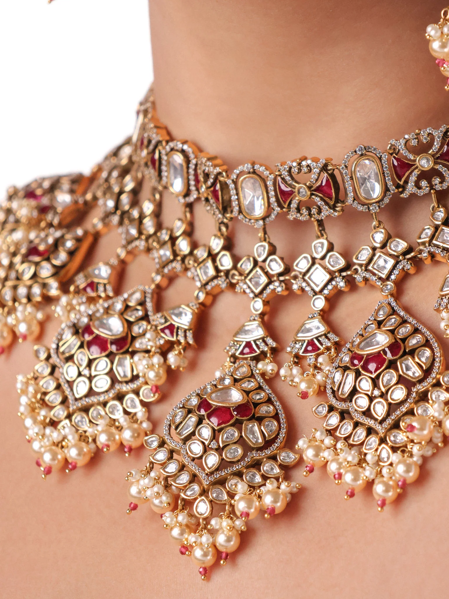 Rajwada  Kundan  Bridal Set – Grand Choker with Pearls ; Chand Bali Earrings - Image 2