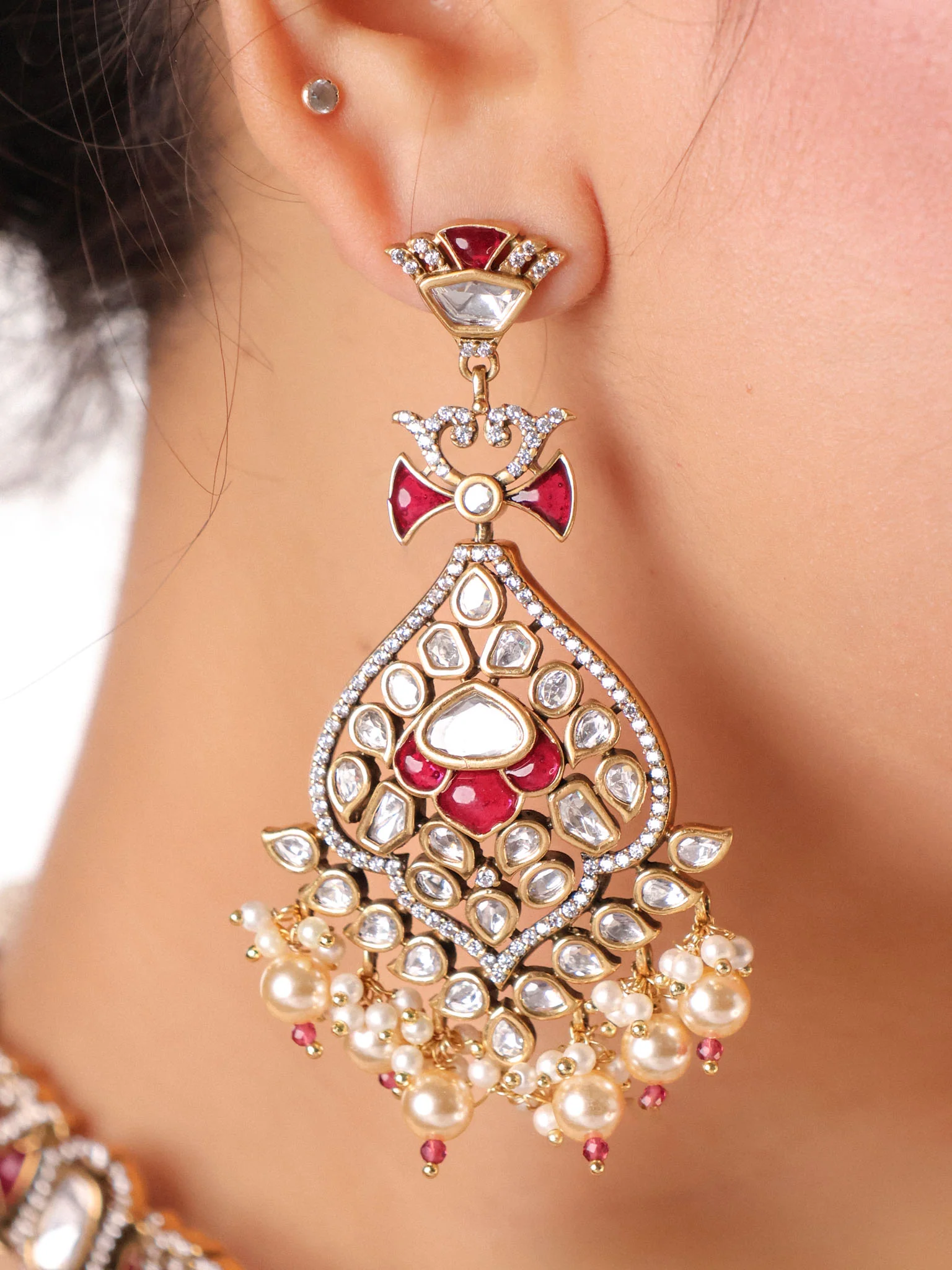 Rajwada  Kundan  Bridal Set – Grand Choker with Pearls ; Chand Bali Earrings - Image 3