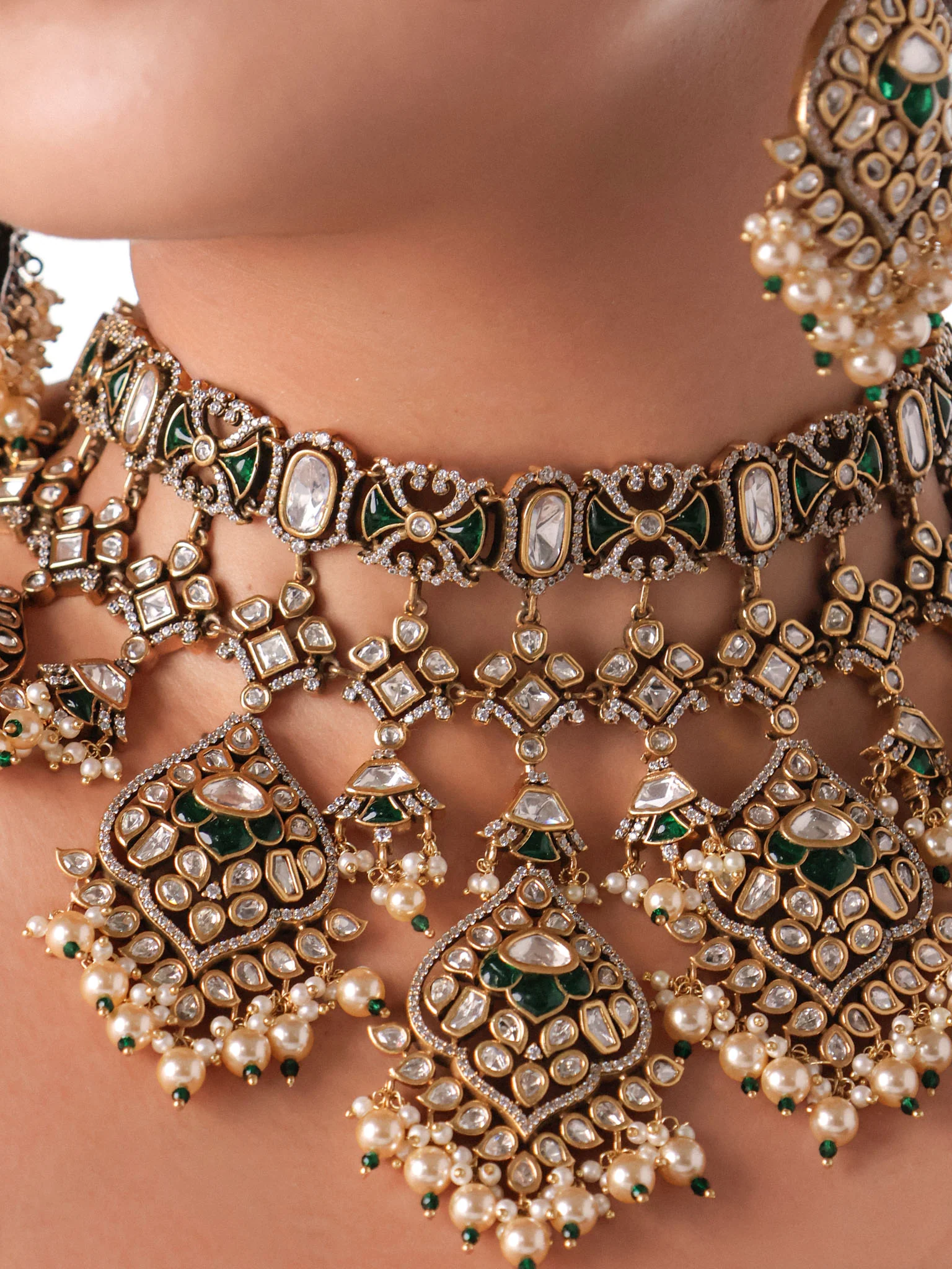 Rajwada  Kundan  Bridal Set – Grand Choker with Pearls ; Chand Bali Earrings - Image 5