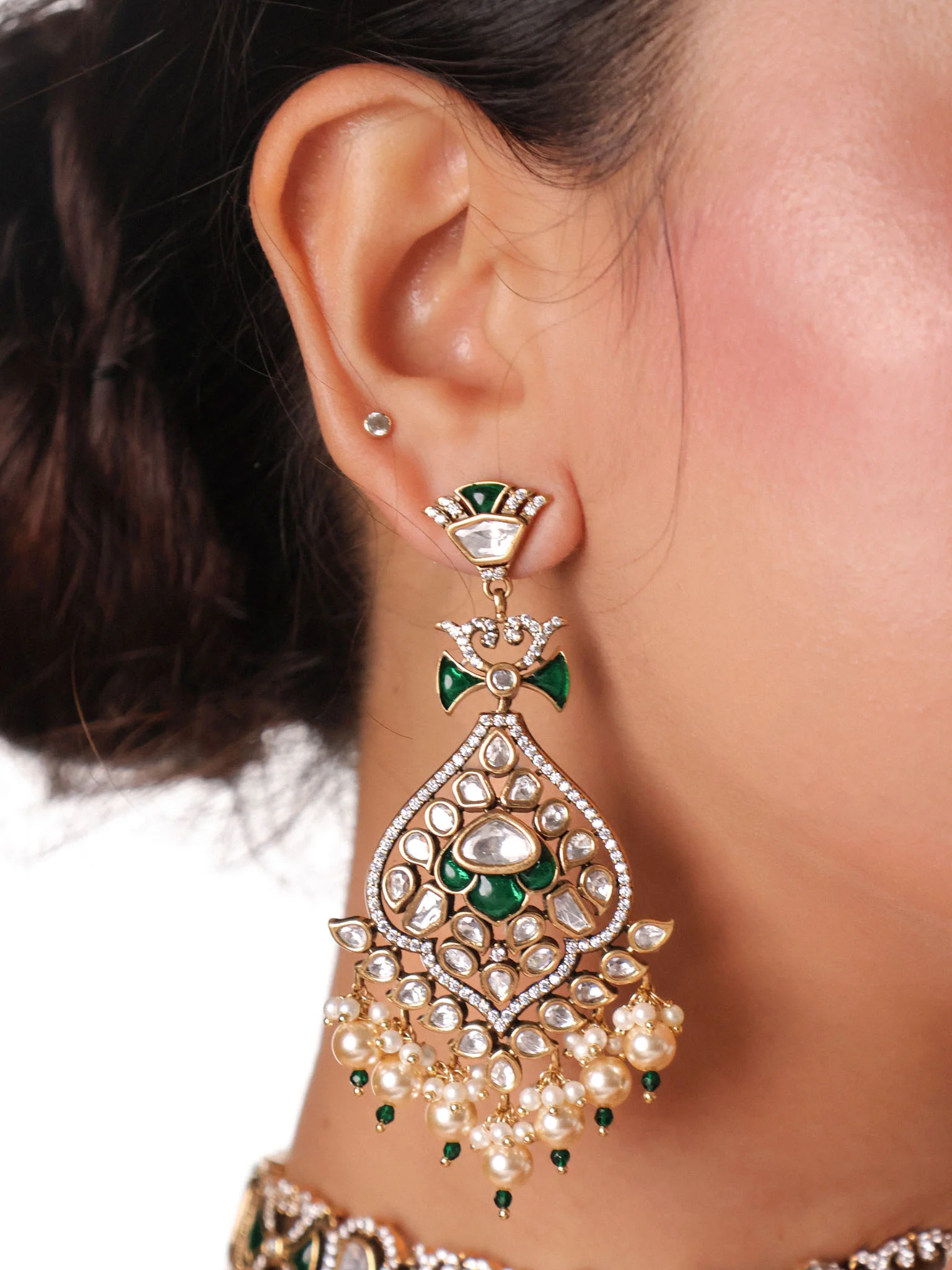 Rajwada  Kundan  Bridal Set – Grand Choker with Pearls ; Chand Bali Earrings - Image 6