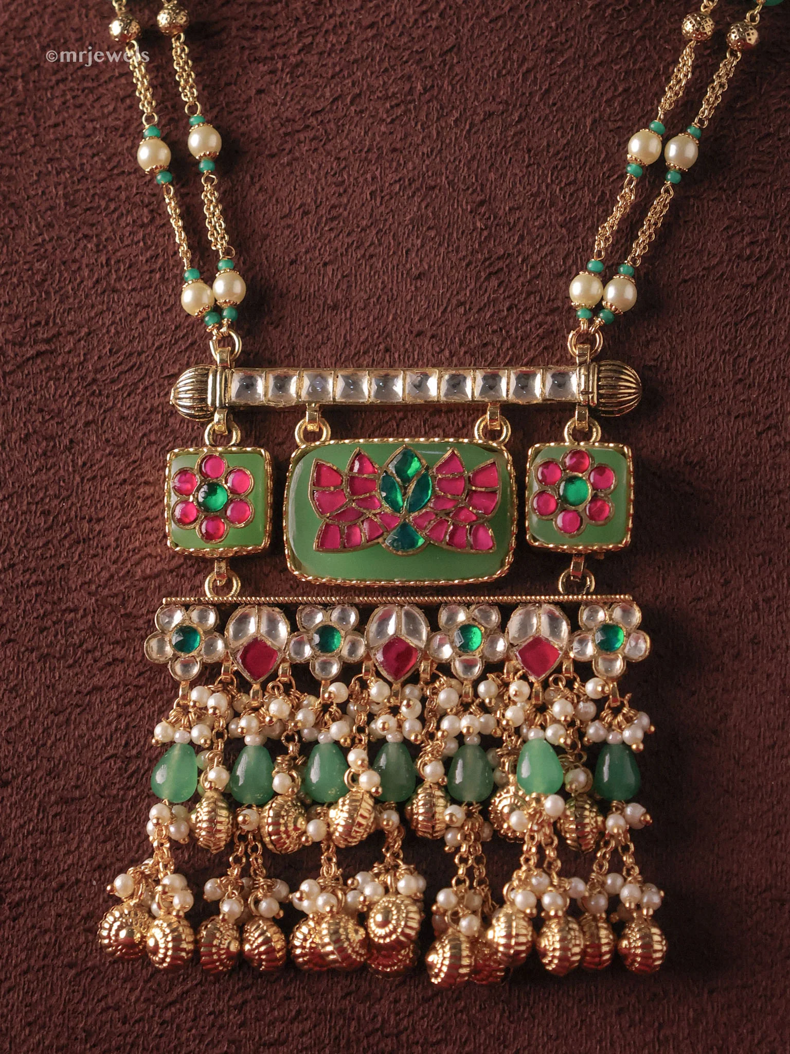 Rajwada Lotus Meenakari Necklace Set (Necklace + Earrings) - Image 2