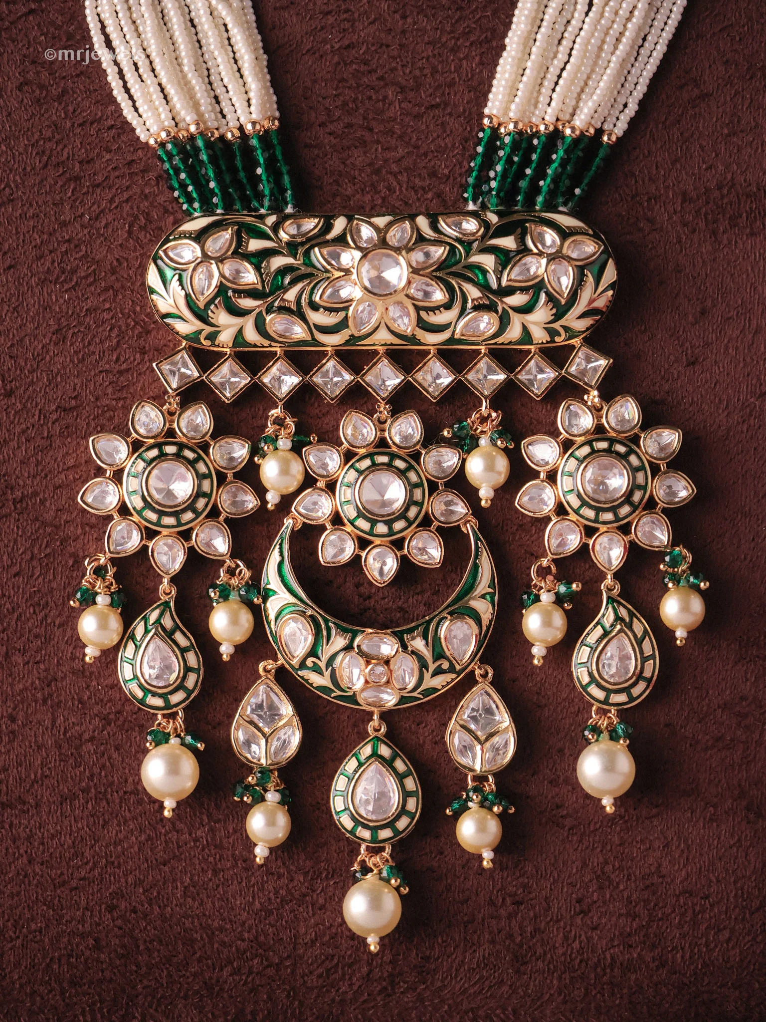Rajwada Meenakari Kundan Haar with Multi-Strand Pearls & Matching Earrings - Image 2