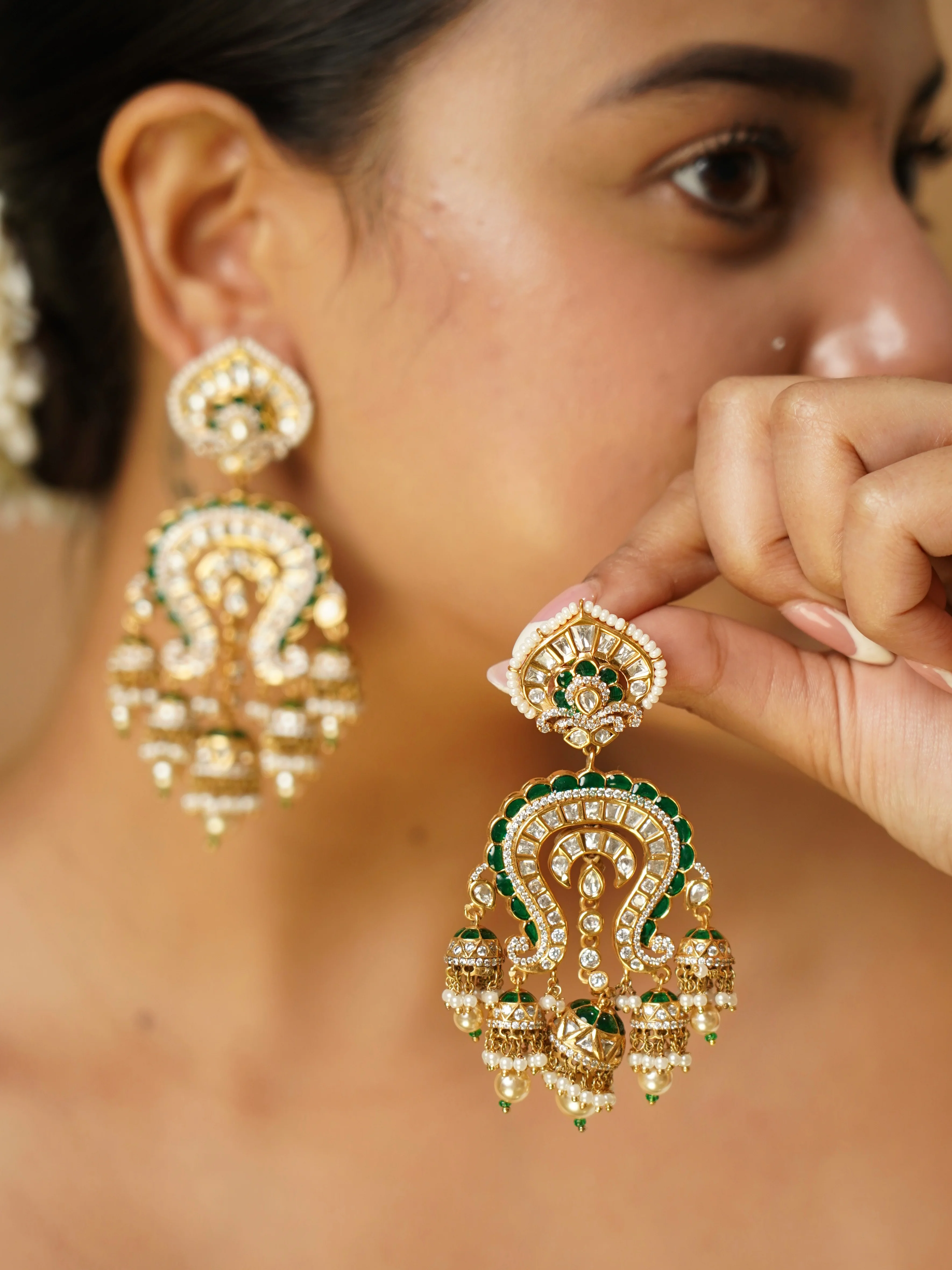 Ravya Polki Pearl Chaandbali Jhumka – Royal Red & Emerald Green Variants - Image 3