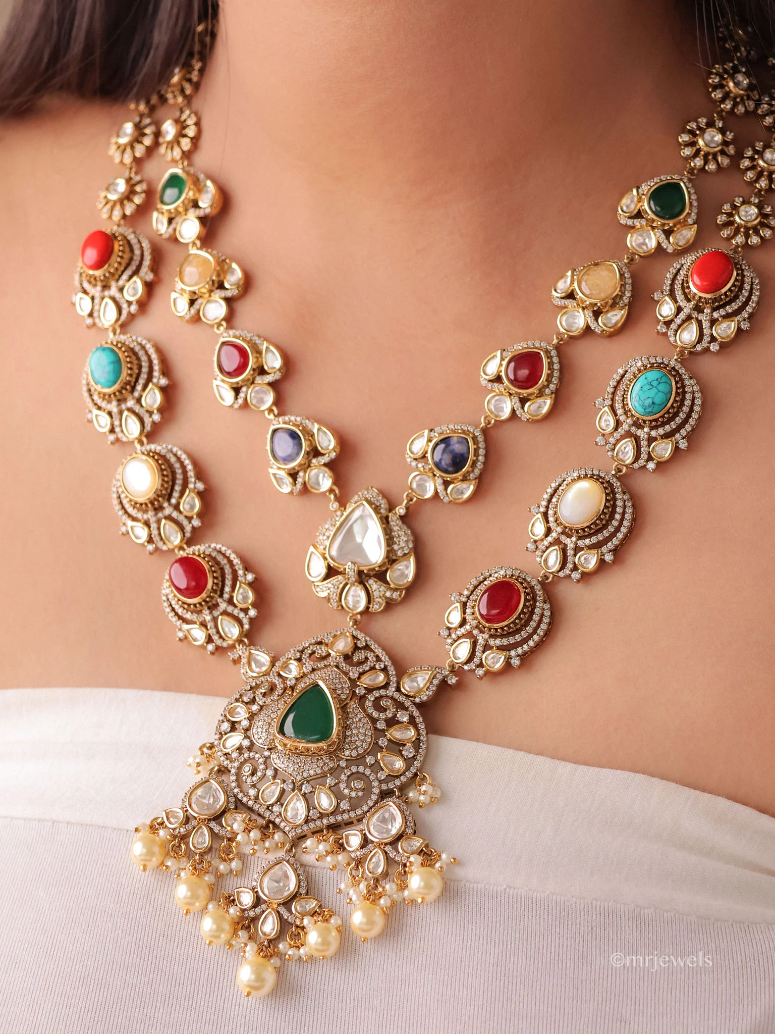 Ridhira Navratna Polki Necklace Set - Image 2