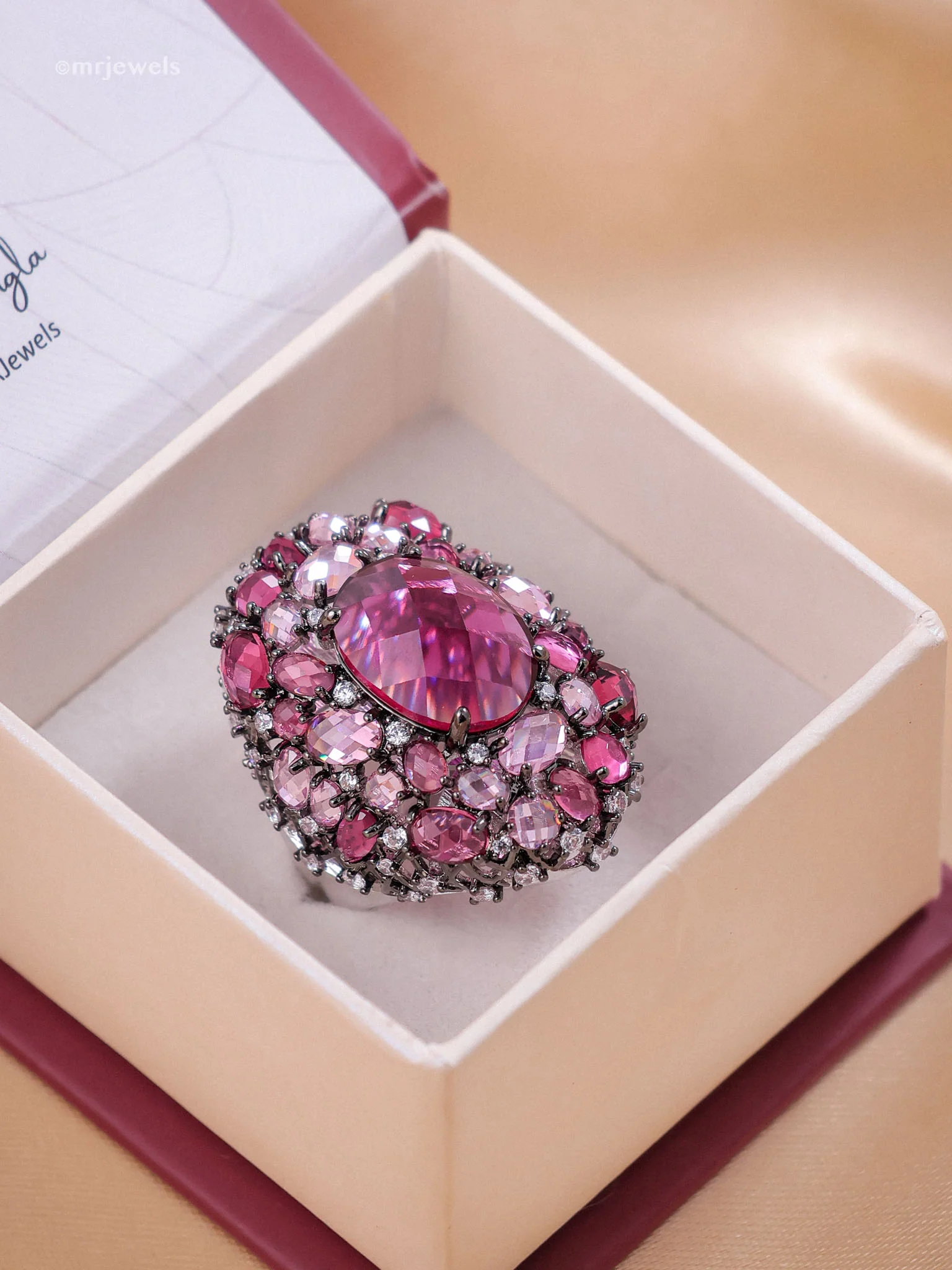 Rosé Aurora Cocktail Ring – Oversized Pink Crystal Statement Ring in Black Rhodium