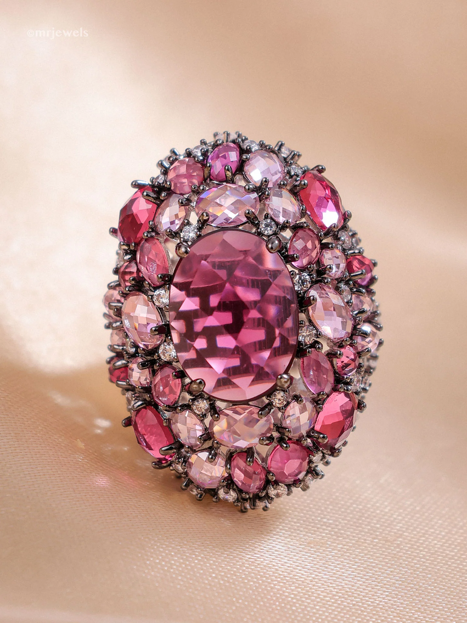 Rosé Aurora Cocktail Ring – Oversized Pink Crystal Statement Ring in Black Rhodium - Image 2