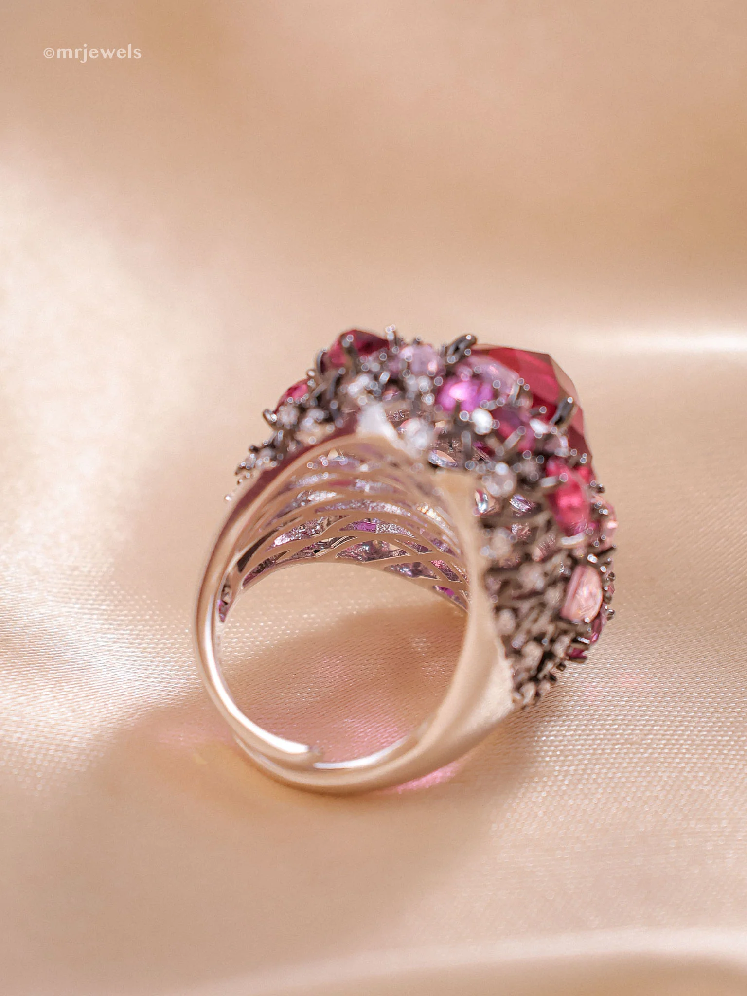 Rosé Aurora Cocktail Ring – Oversized Pink Crystal Statement Ring in Black Rhodium - Image 3