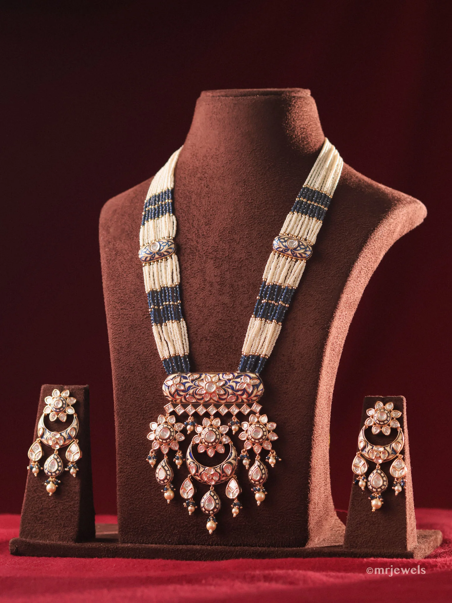 Royal Blue Kundan Pearl Long Necklace Set