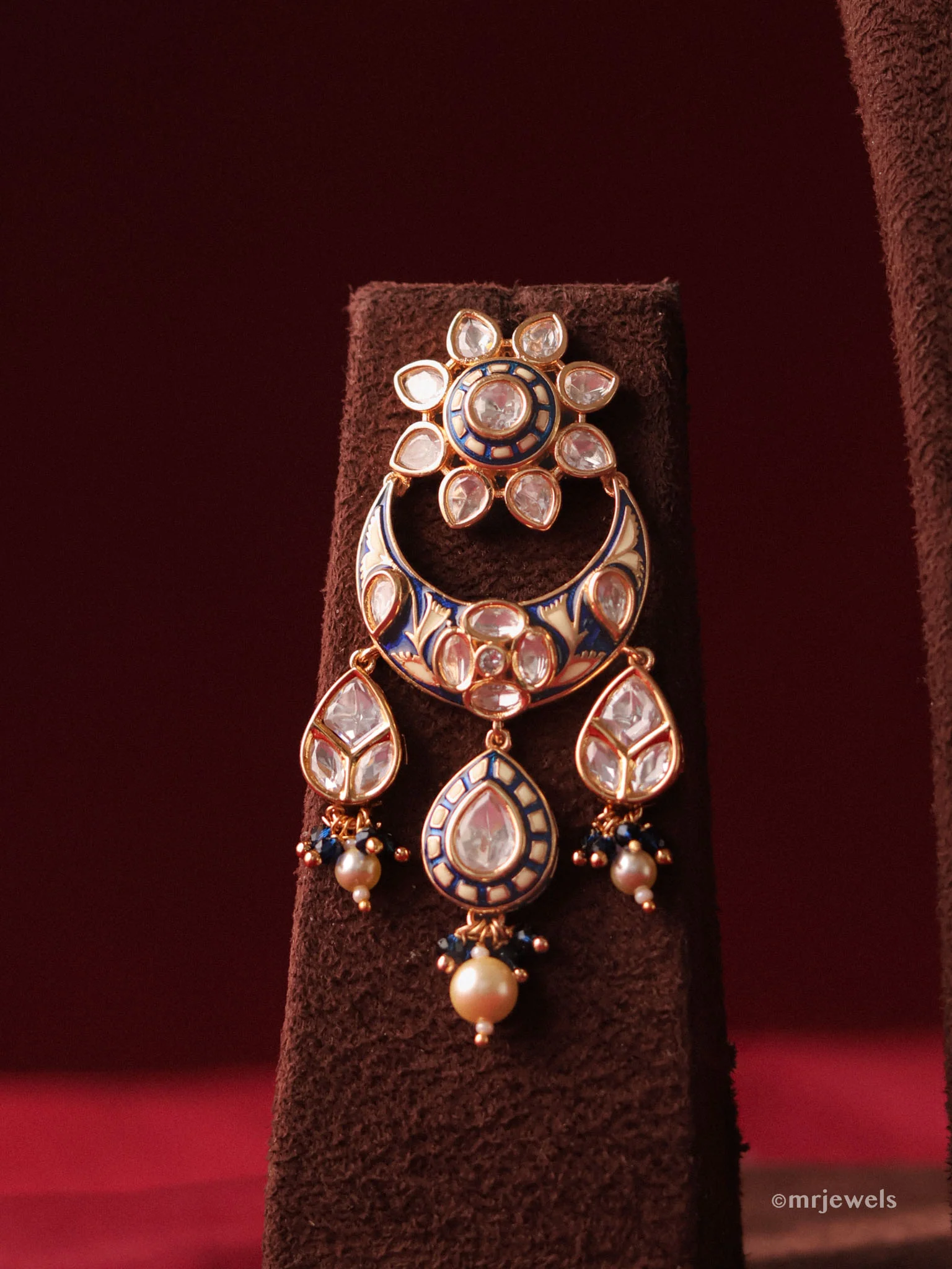 Royal Blue Kundan Pearl Long Necklace Set - Image 2
