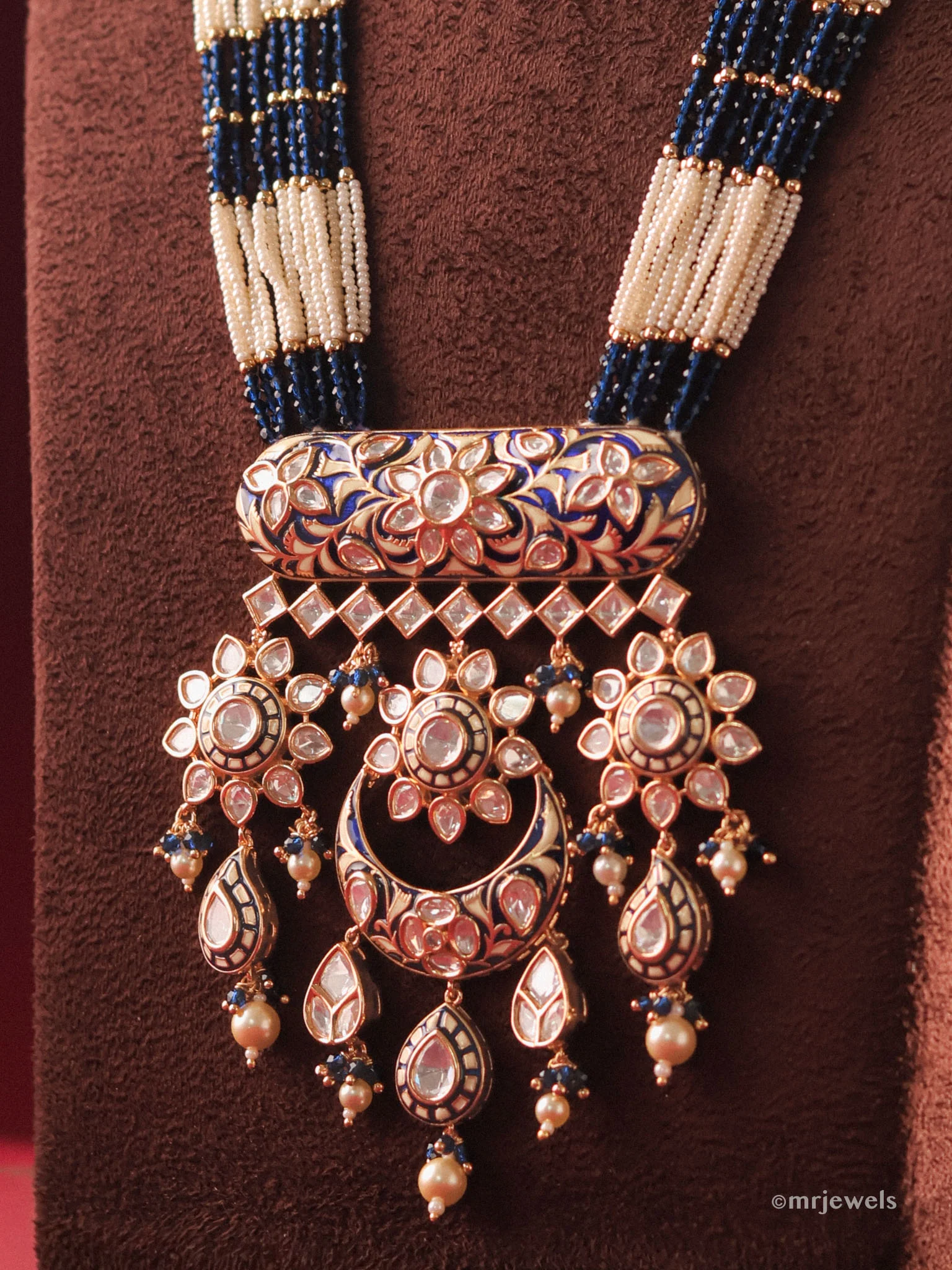 Royal Blue Kundan Pearl Long Necklace Set - Image 3