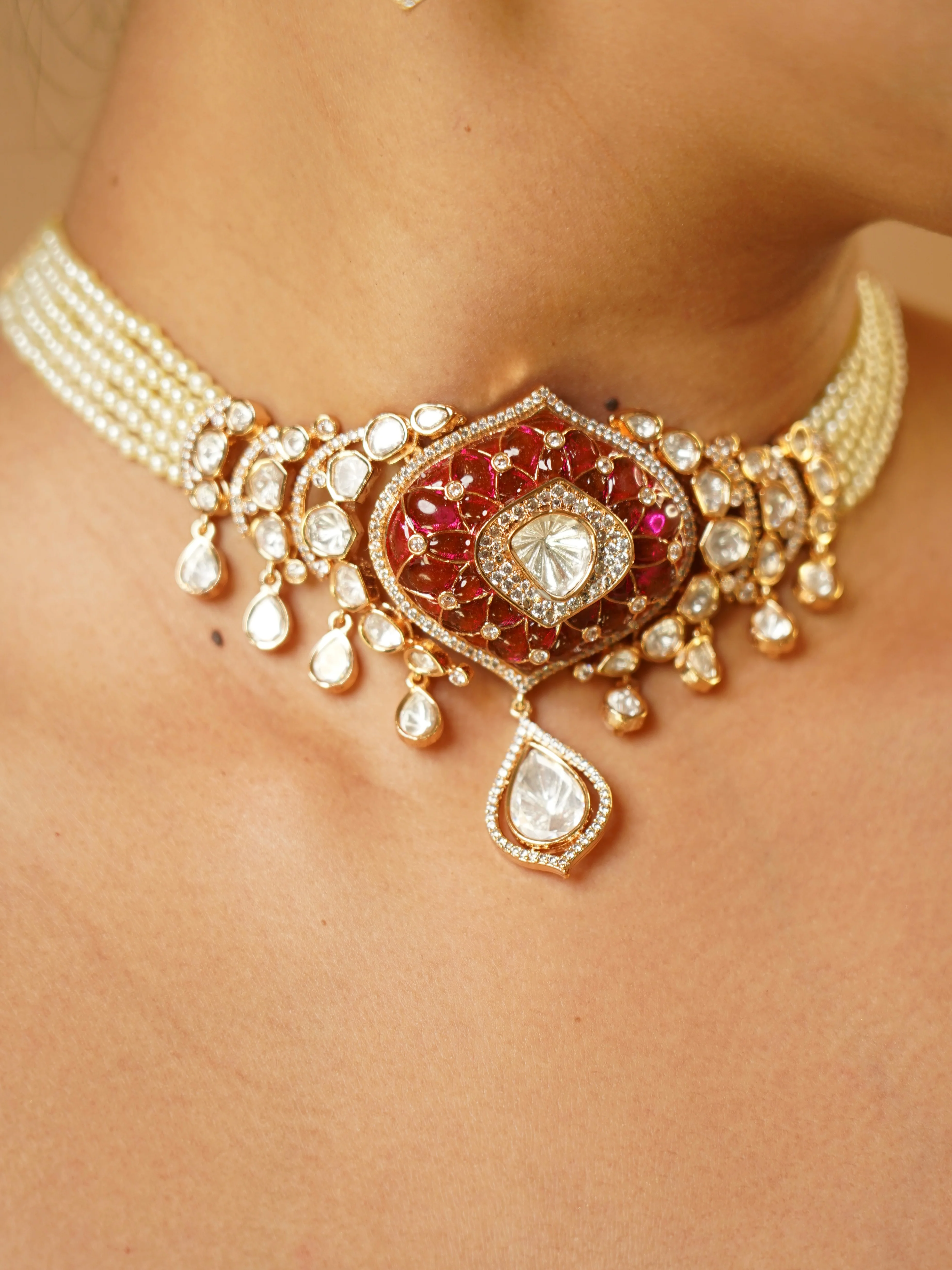 Royal Ruby Kundan Pearl Choker Set - Image 3