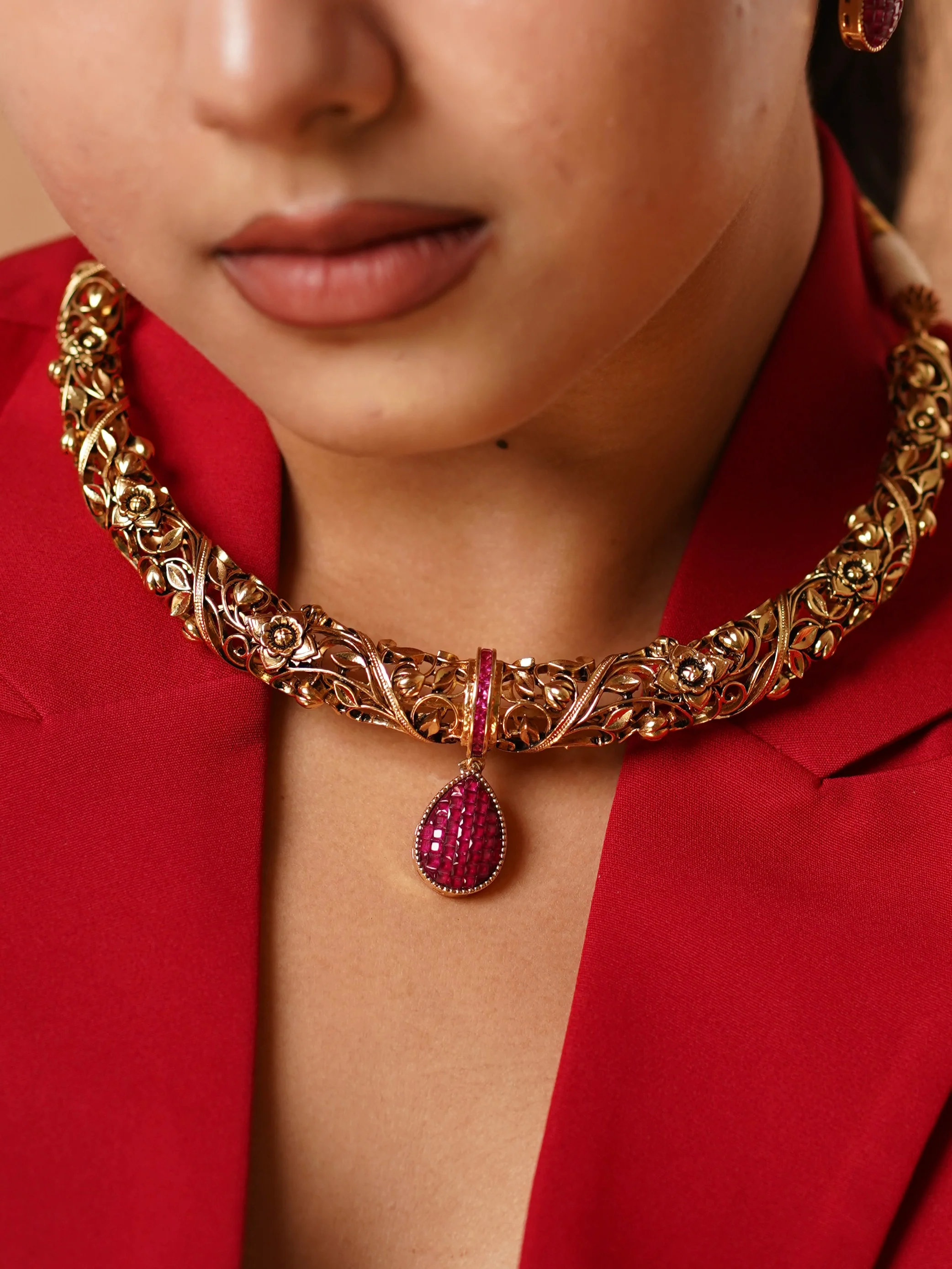 Saira Ruby  Statement Hasli - Micron Gold Plated Necklace Set - Image 3