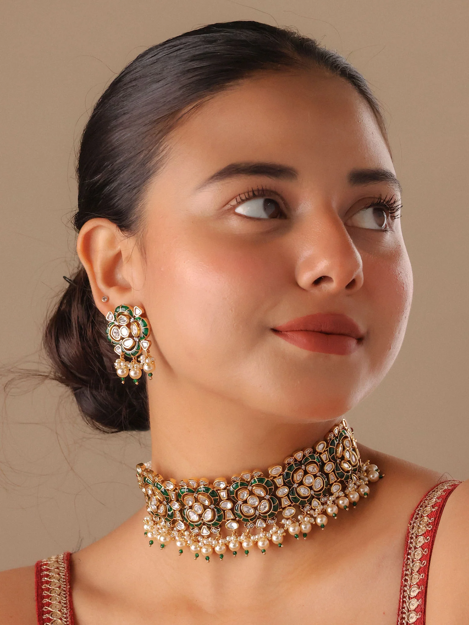 Ruby Emerald Kundan Pearl Choker Set - Image 4