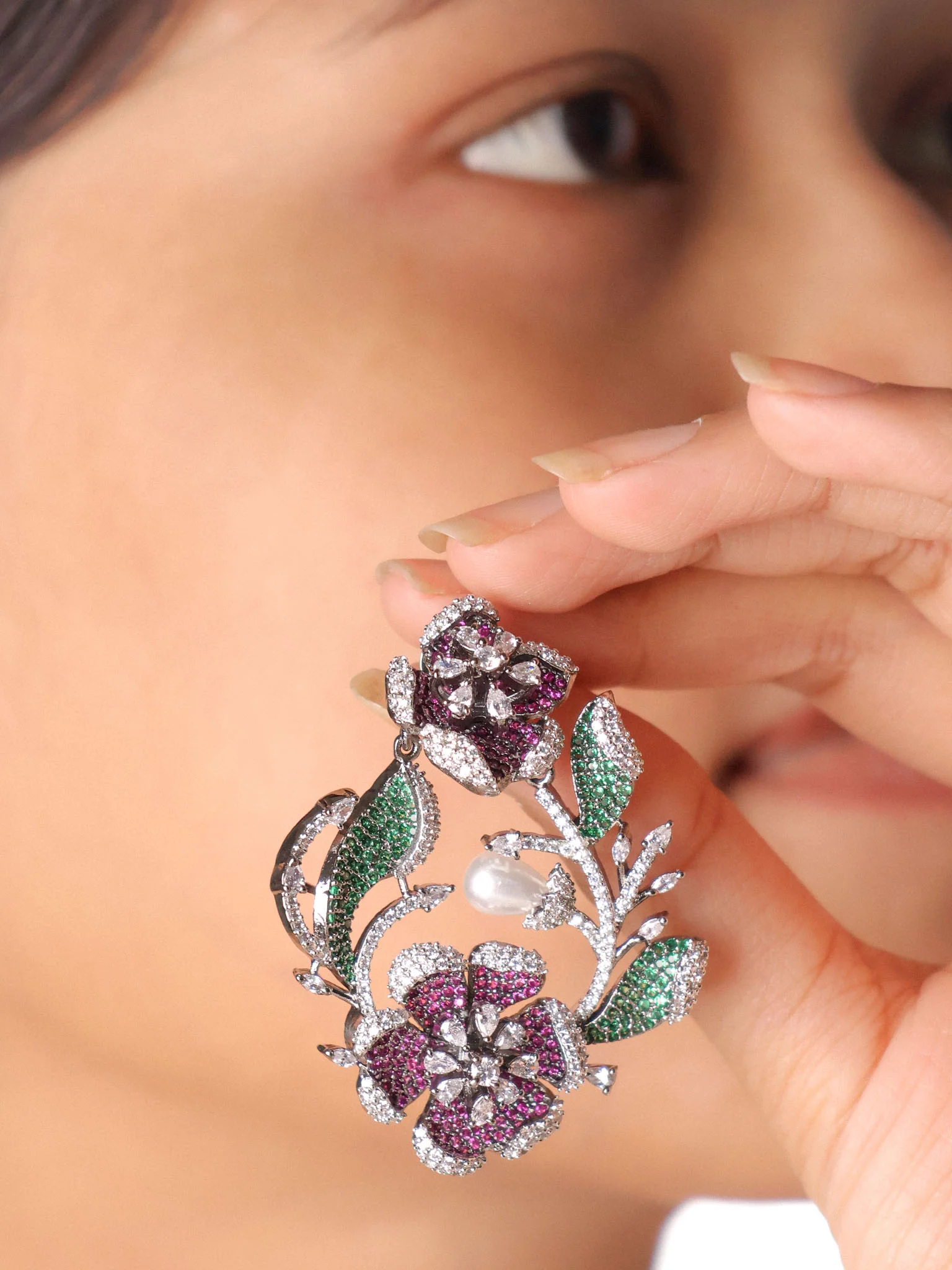 Ruby Pearl Designer Statement Earrings - Image 2