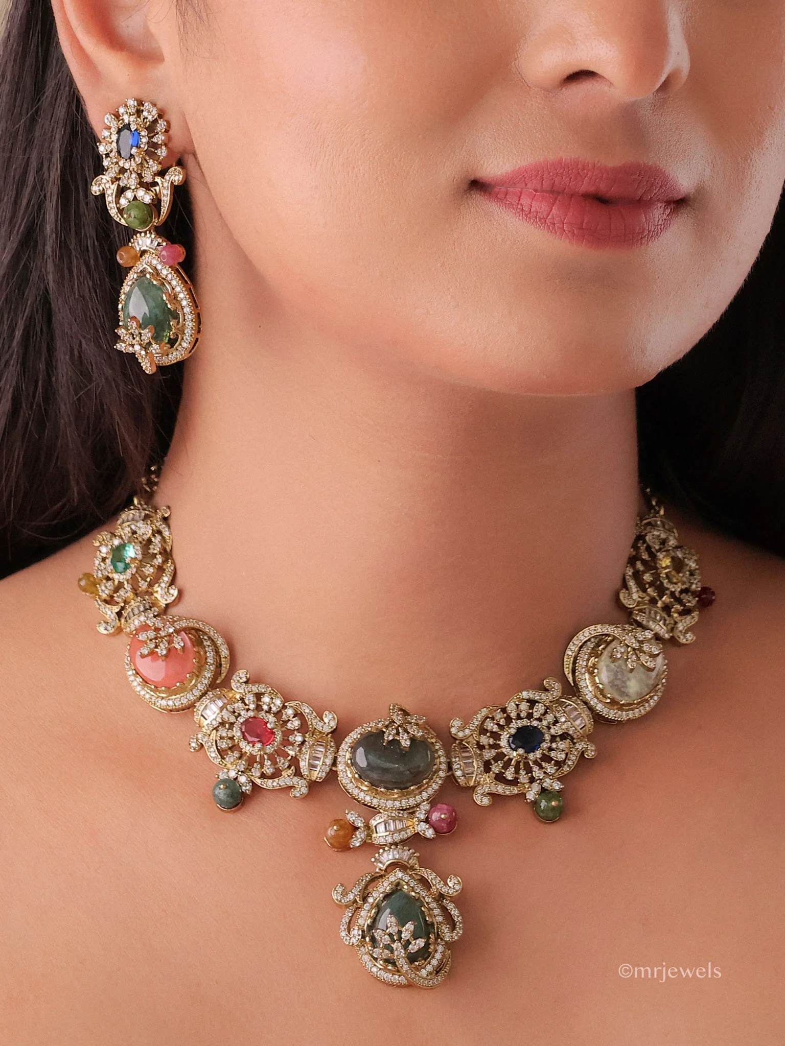 Sabya Inspired:Royal Rhapsody Cabochon Polki Necklace Set