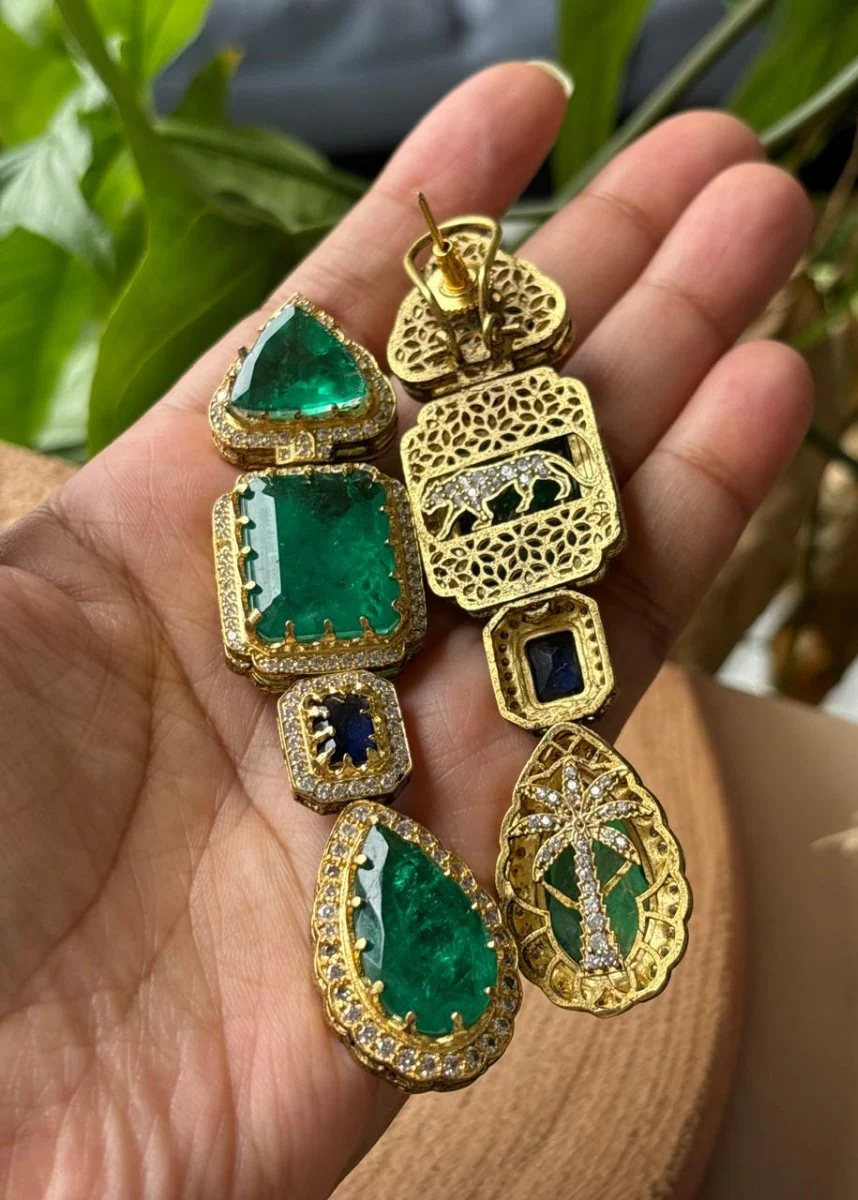 Sabya Inspired long Emerald Doublet stone Earrings - Image 2