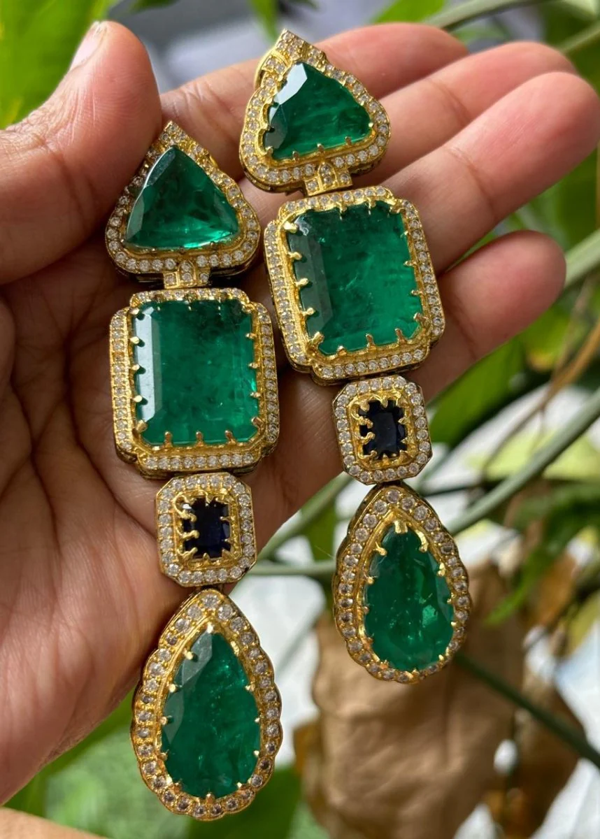 Sabya Inspired long Emerald Doublet stone Earrings - Image 4