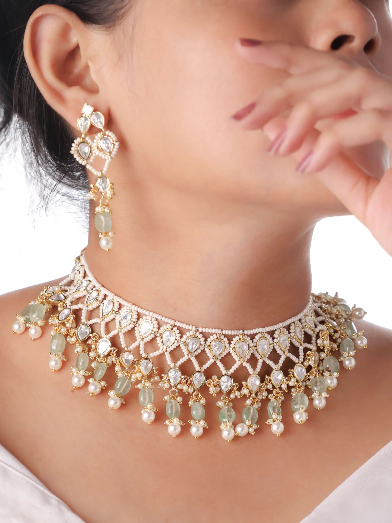 Sovereign Sheen Kundan Pearl Jaal Choker – Mint Drops Set
