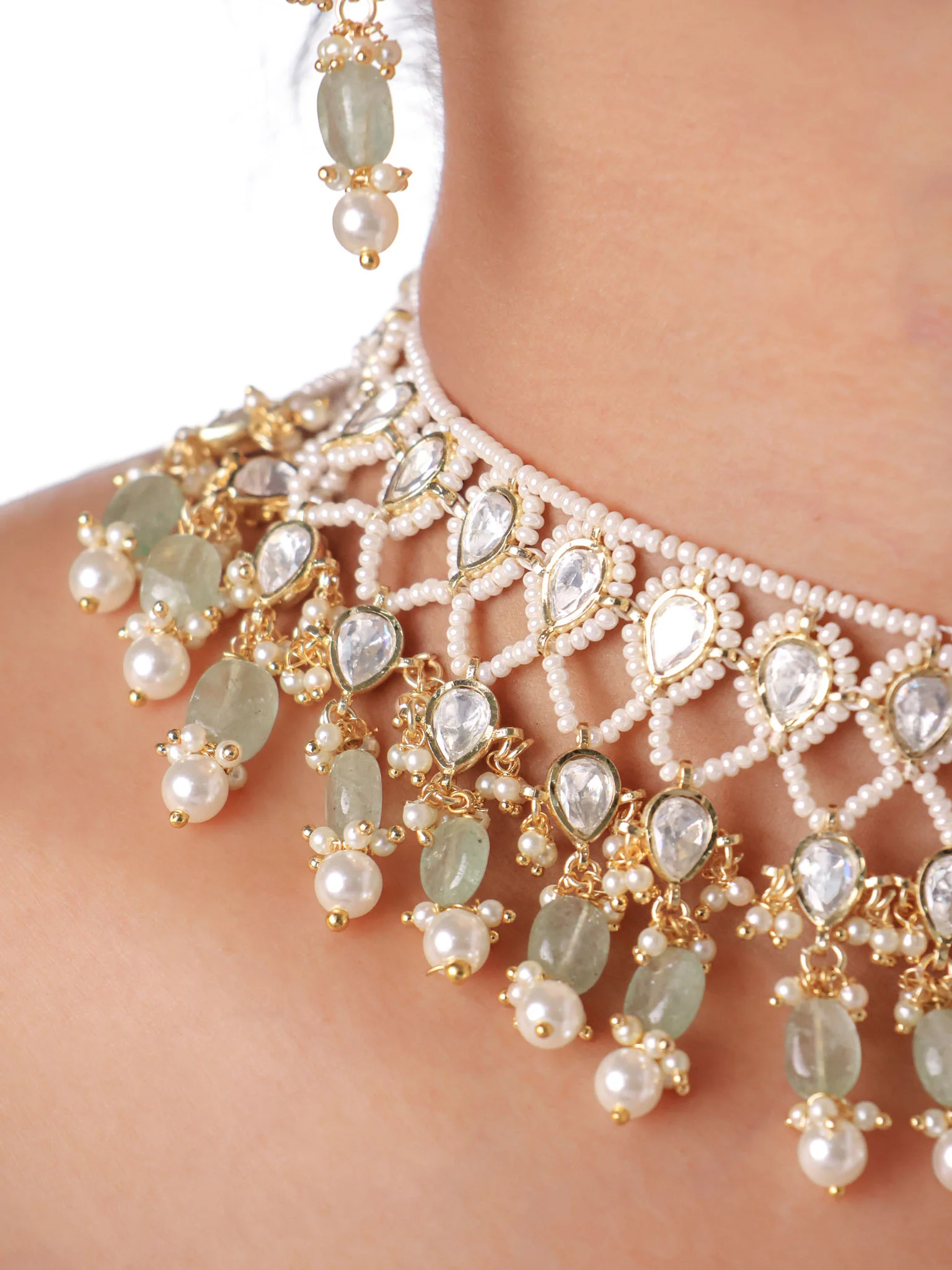 Sovereign Sheen Kundan Pearl Jaal Choker – Mint Drops Set - Image 2