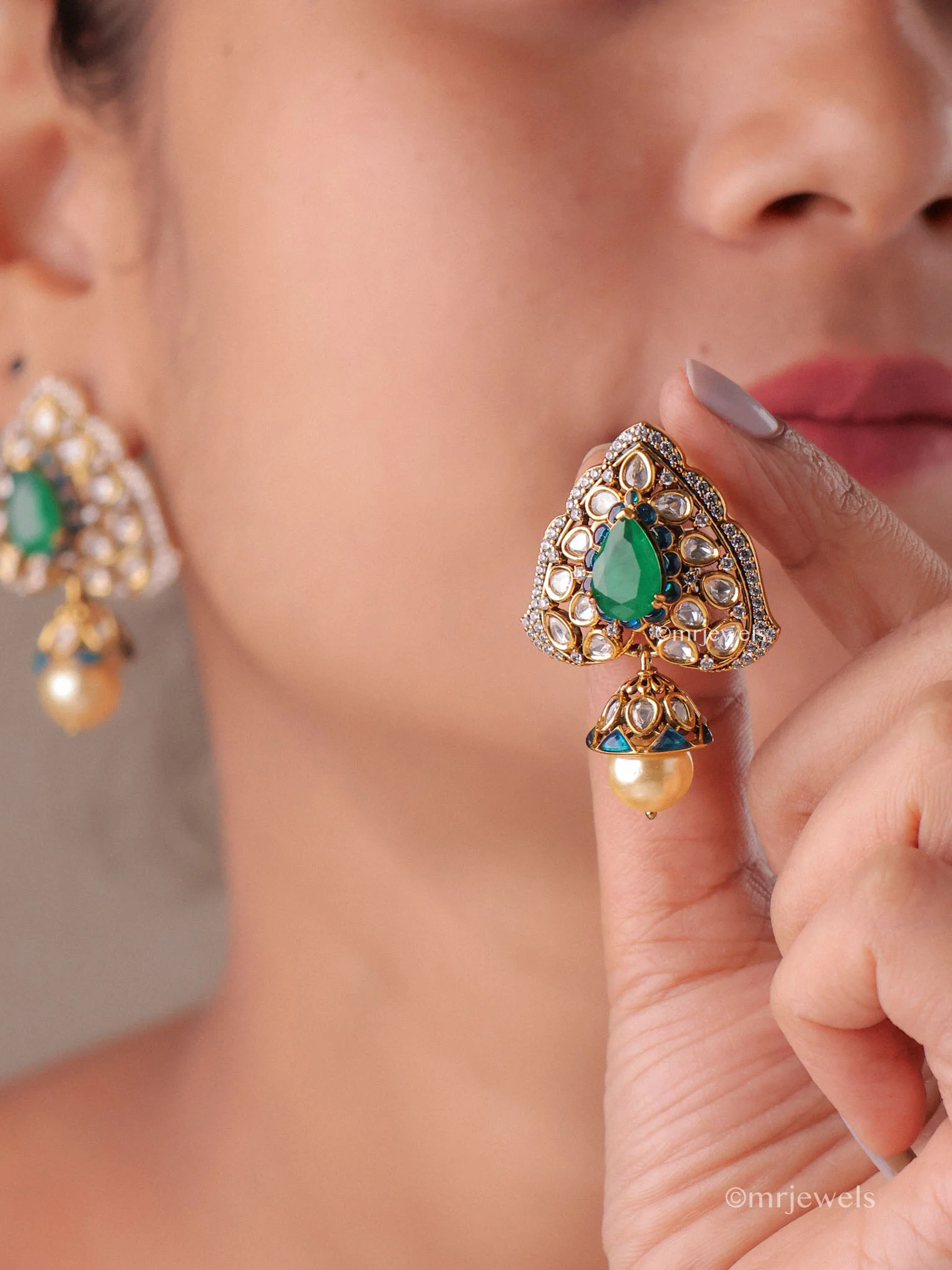 Statement Polki Dangle Pearl Drop Earrings - Image 3