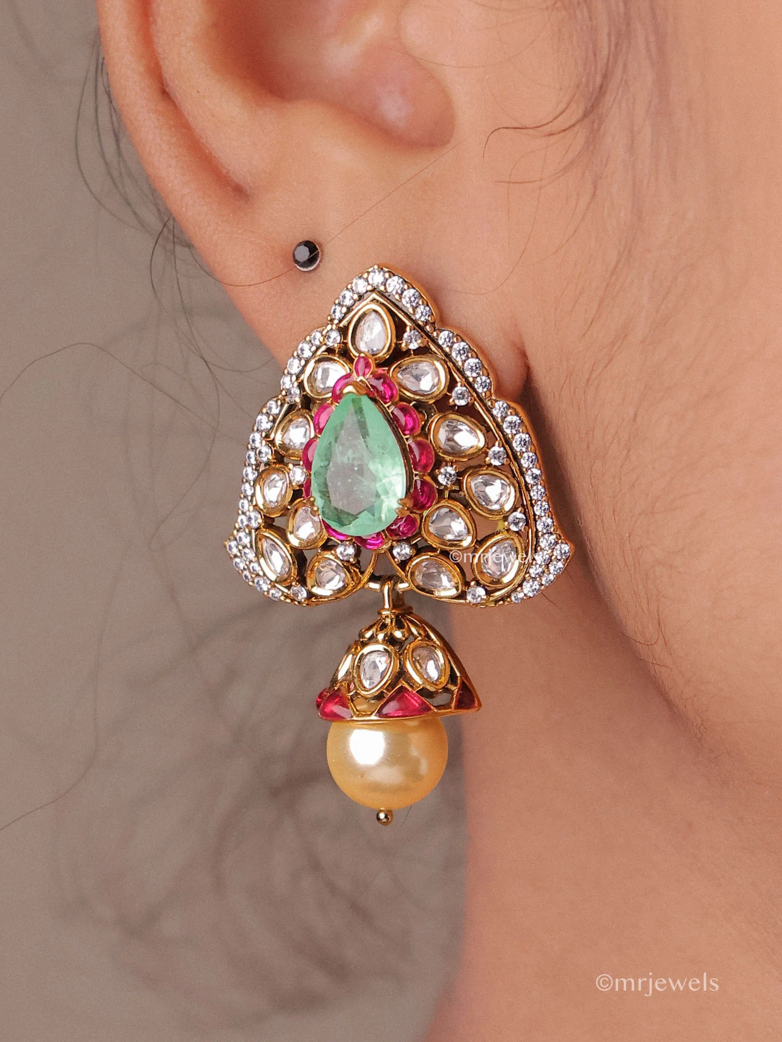 Statement Polki Dangle Pearl Drop Earrings - Image 4