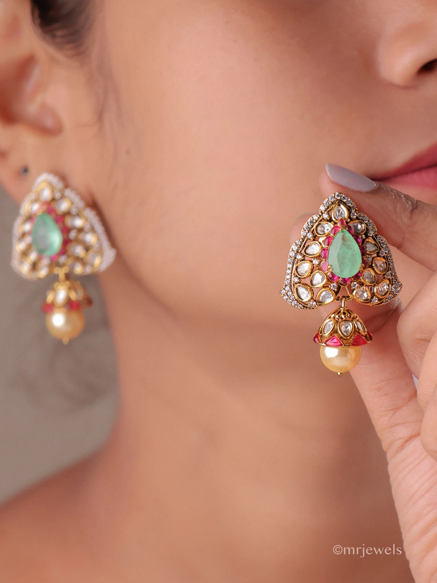 Statement Polki Dangle Pearl Drop Earrings - Image 5