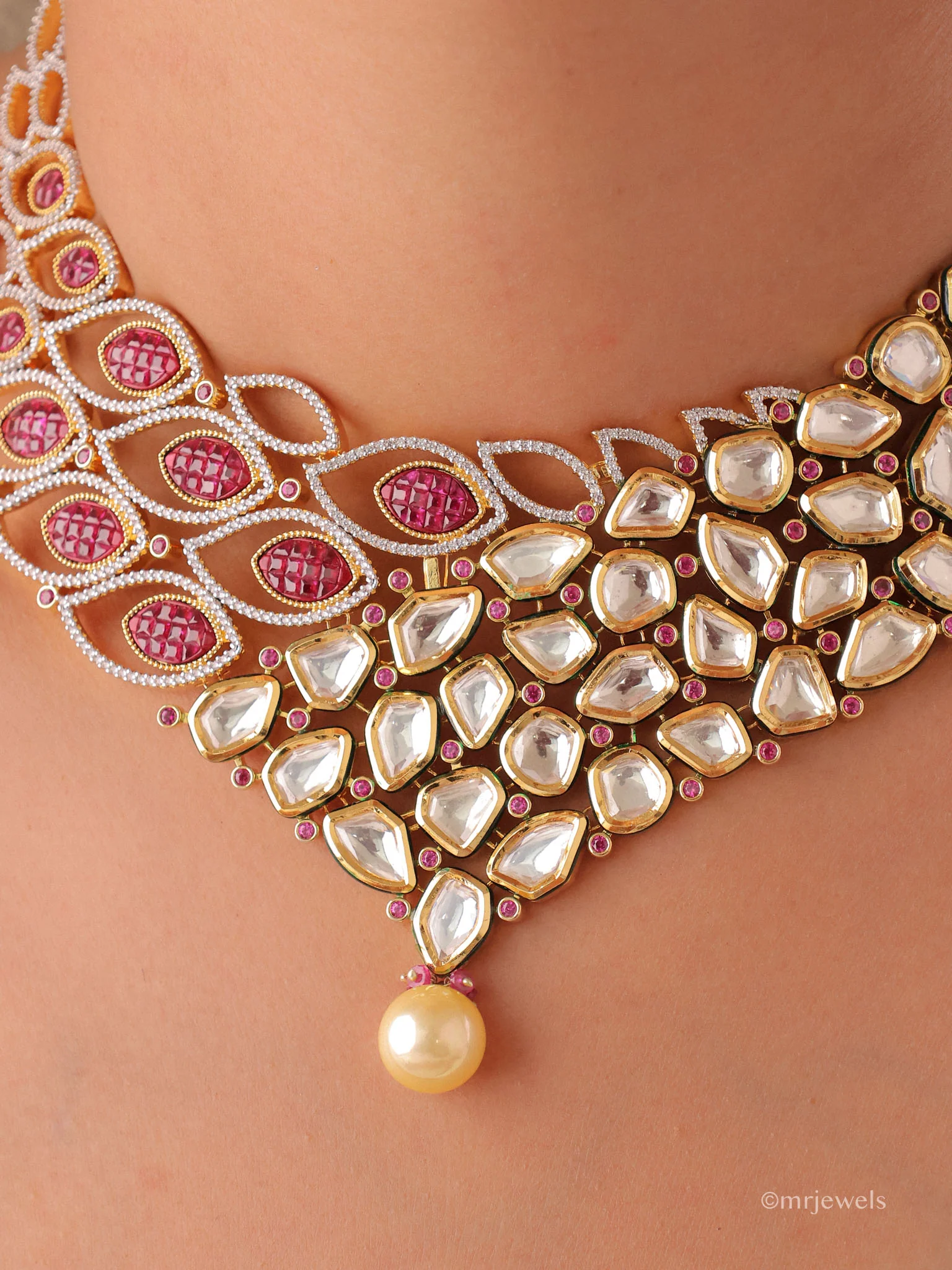 Statement Polki Necklace Set with Pearl Drop - Image 2