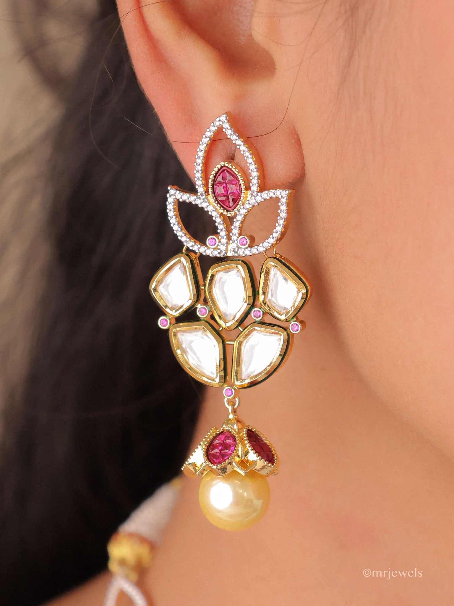 Statement Polki Necklace Set with Pearl Drop - Image 3