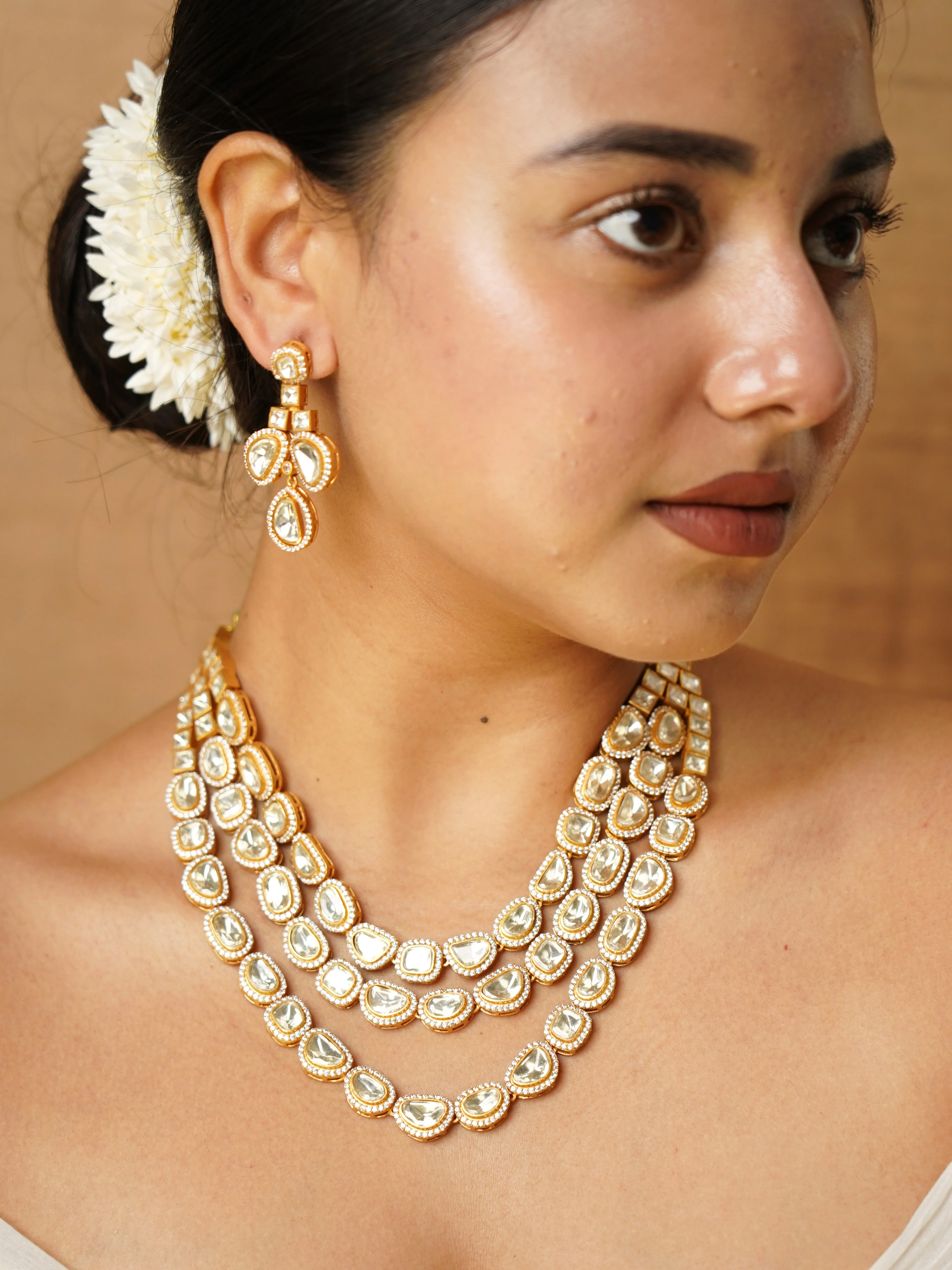 Three-Layer Moissanite Necklace with Screw-Back Earrings