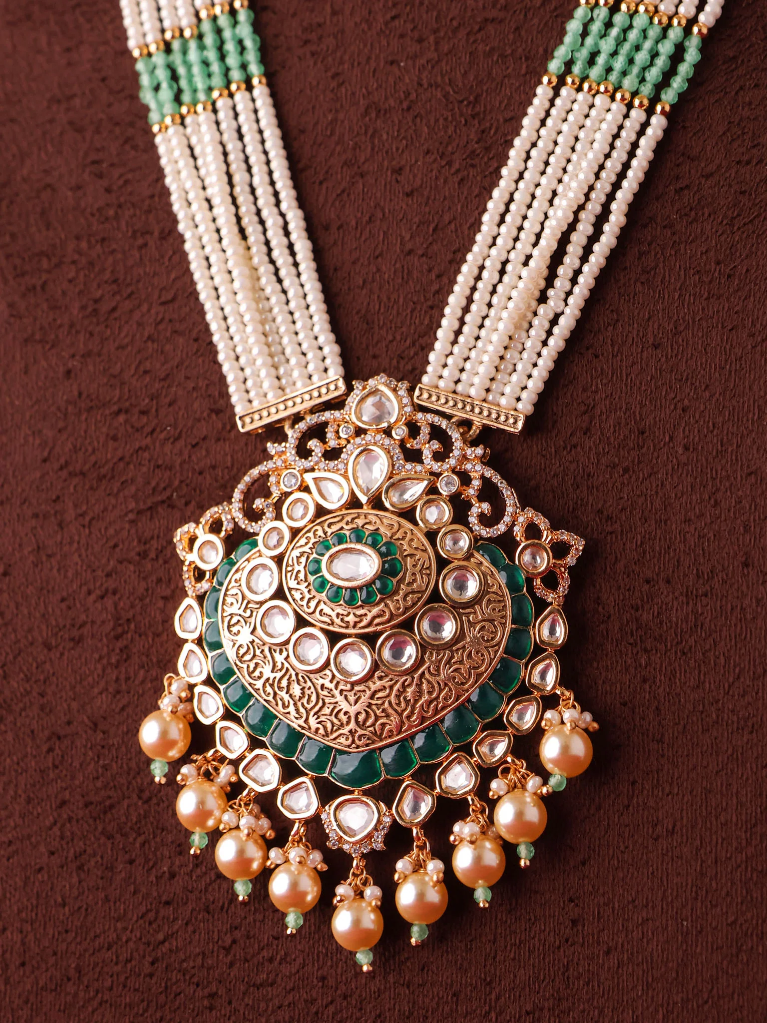 Zarvani Green Polki Pendant Set - Image 2