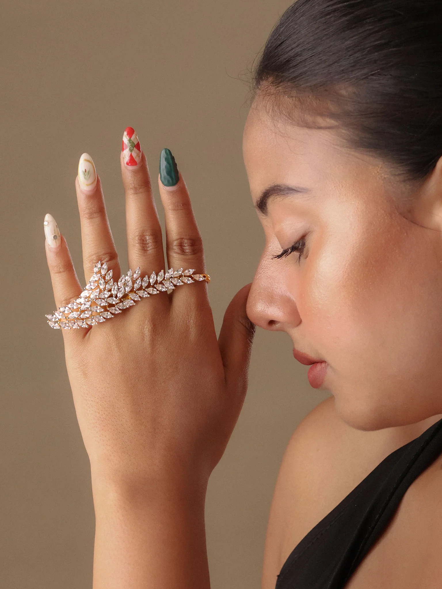 Zirconia Floral Statement Dual Finger Ring