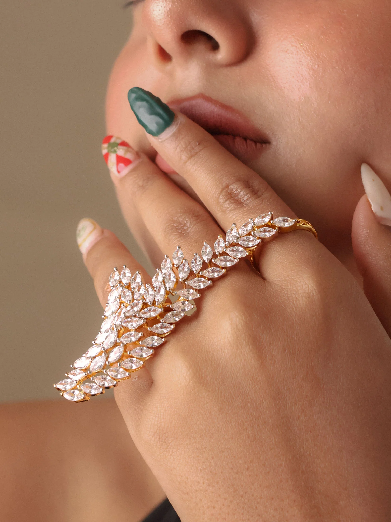 Zirconia Floral Statement Dual Finger Ring - Image 2